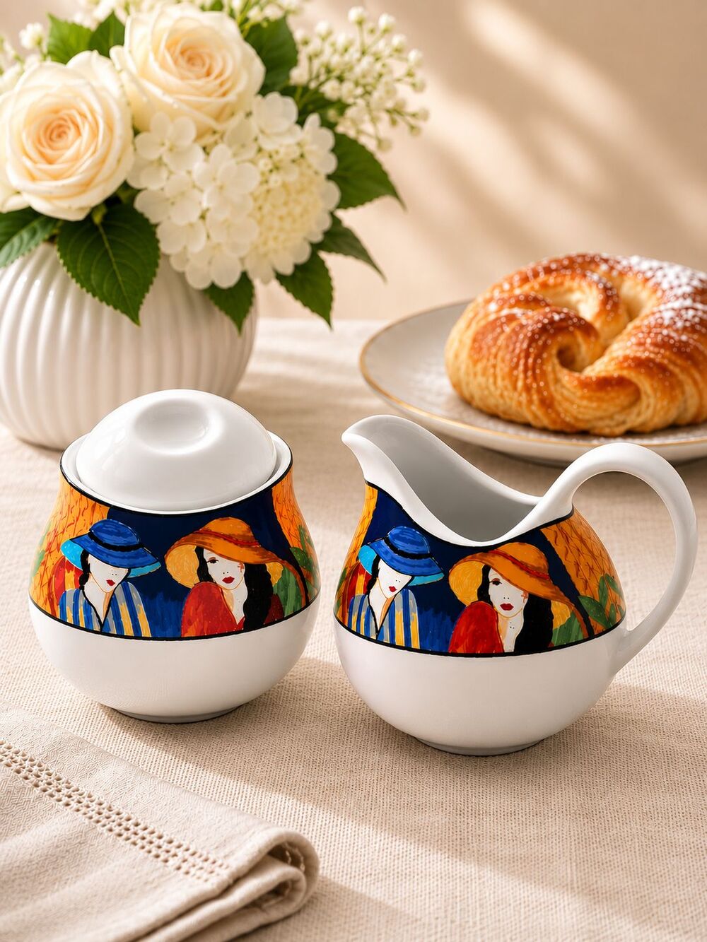 Sango Cafe Paris 4914 Creamer & Covered Sugar Bowl Set Women in Hats